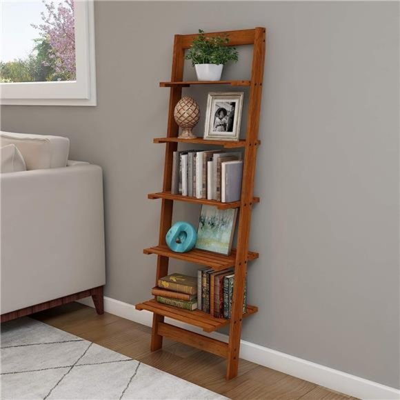 Ladder Bookshelf-5 Tier Leaning Decorative Shelves for Display, Cherry